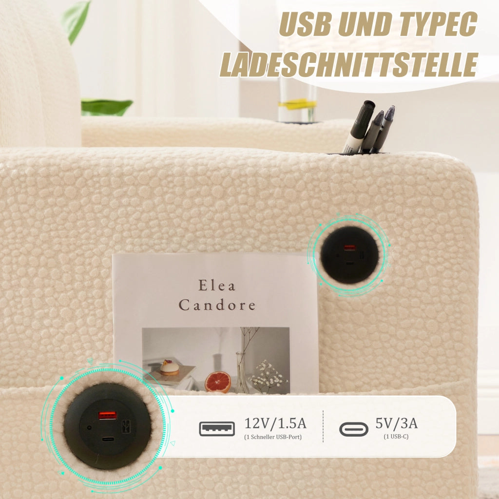 Divano dritto a 2 posti con USB-C; LED; portabicchieri e tasche laterali in chenille beige