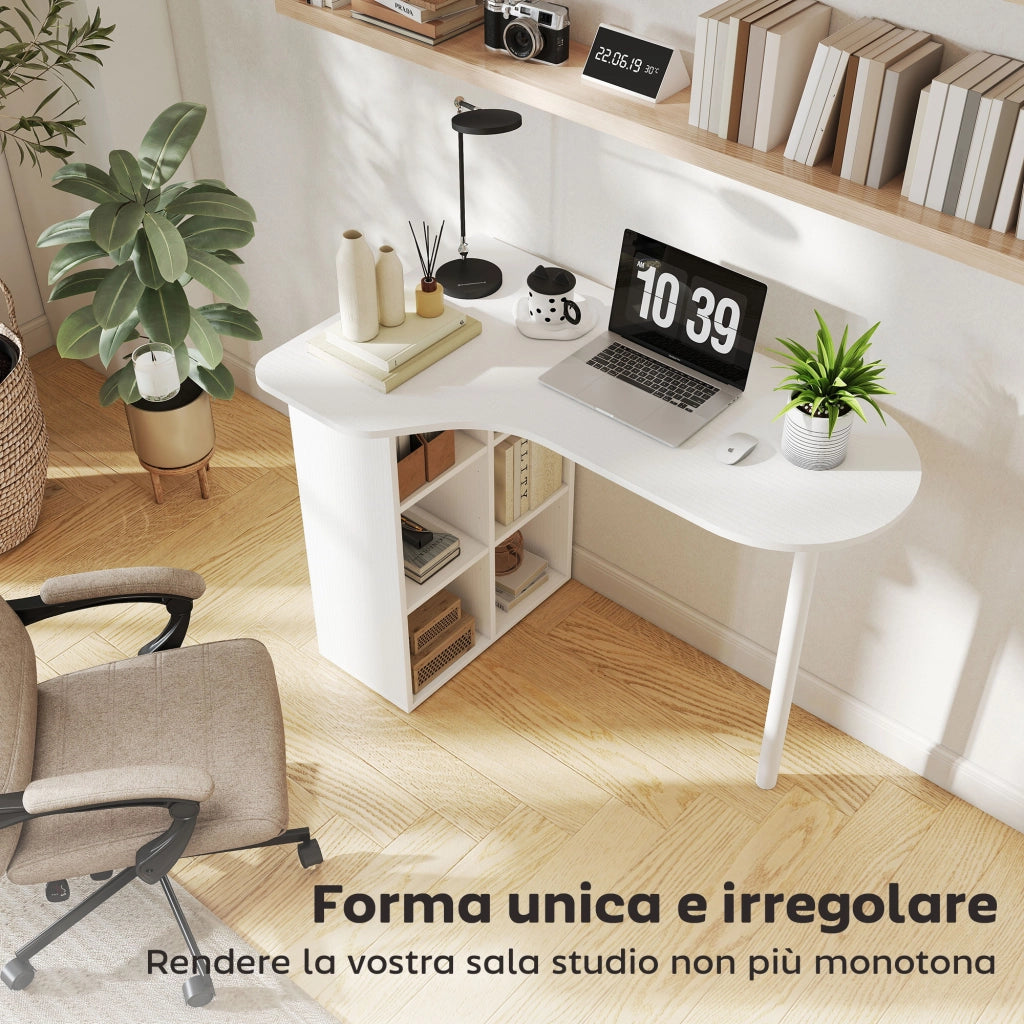 Scrivania per Camera Ricurva 100x59x75,5 cm con 6 Ripiani e 4 Scaffali Regolabili in Acciaio e Legno Bianco