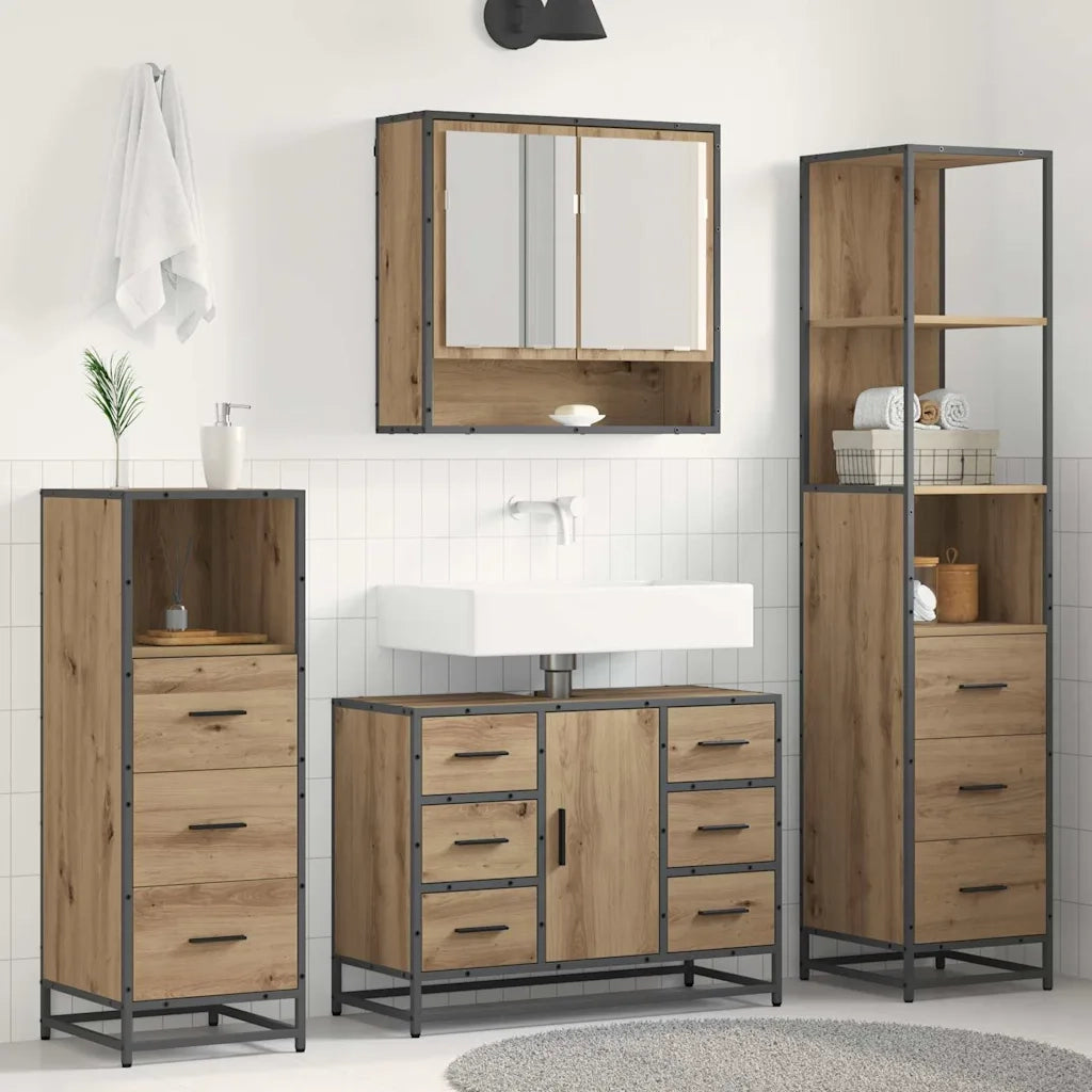 Set di mobili per il Bagno | Armadio da bagno con porta 3 pz Rovere artigianale