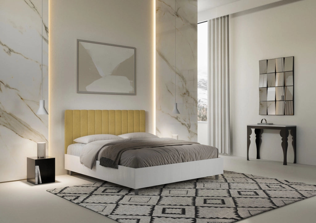 BS COM Letto matrimoniale con rete 160x200 bianco frassino testata microfibra ocra
