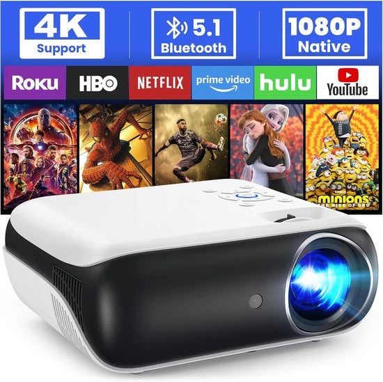 Proiettore Mini Bluetooth 9500 Lumen - 4K Supportato - Altoparlanti Integrati - Bianco