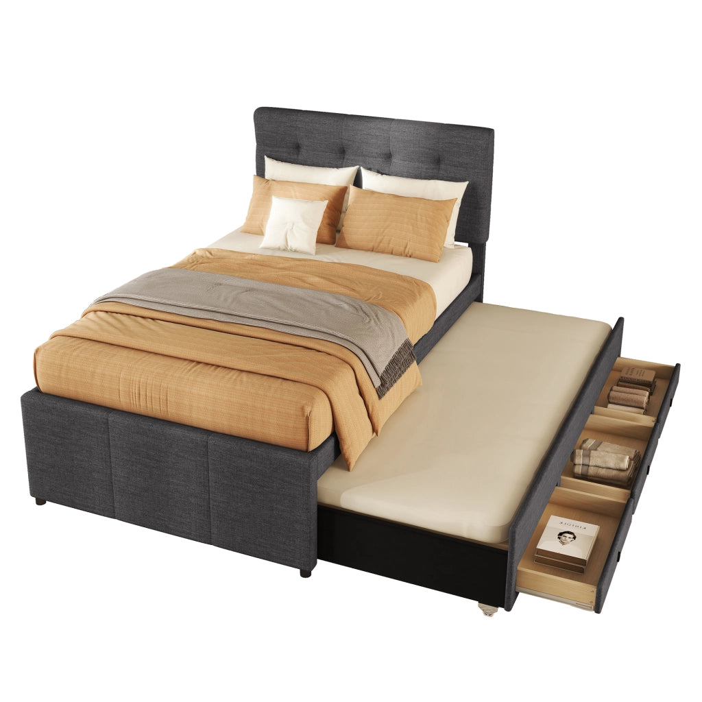 Letto a traguardo imbottito 90x200cm con 3 cassetti e letto estraibile in grigio