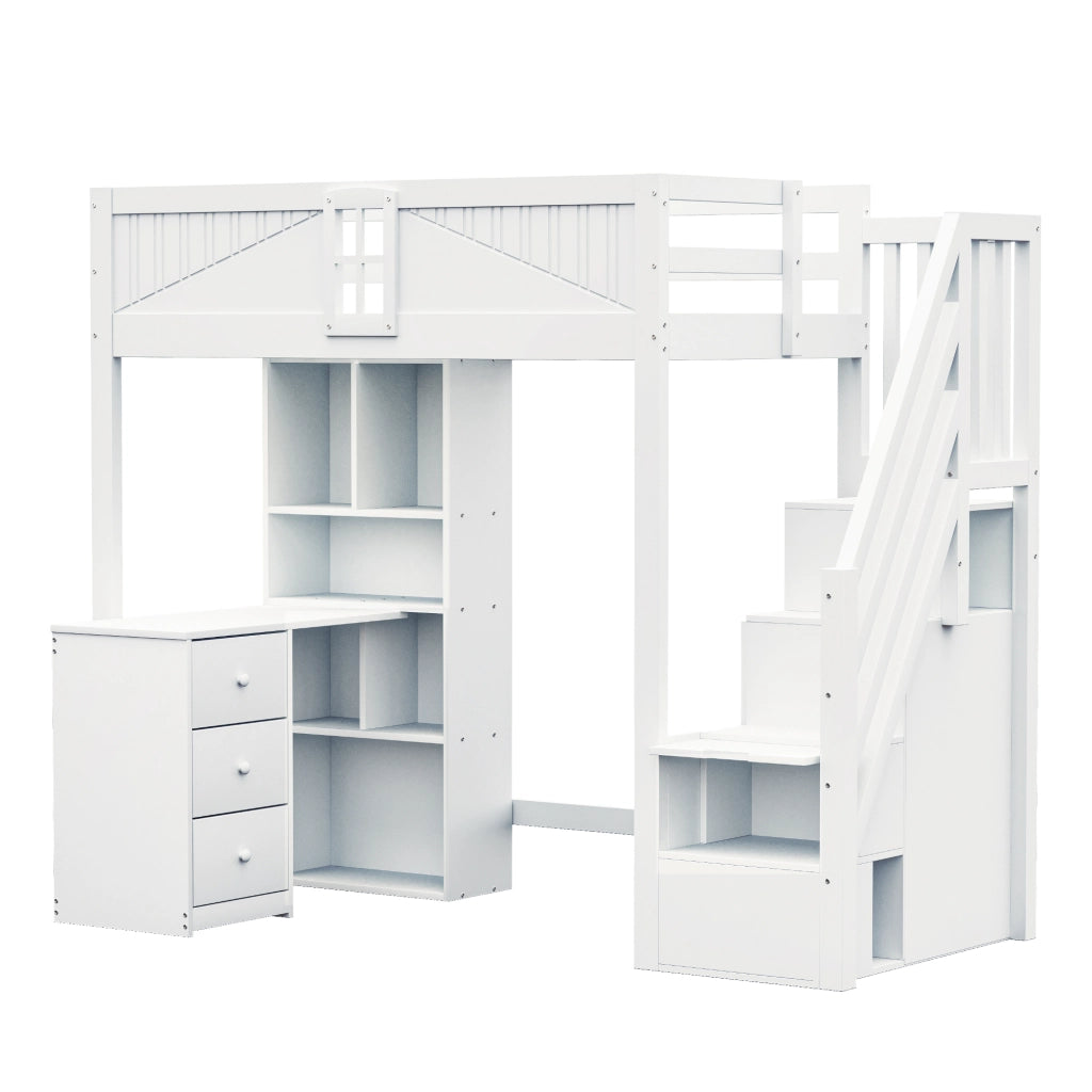 LETTO a soppalco 90x200 cm bianco con scrivania, cassetti e armadi