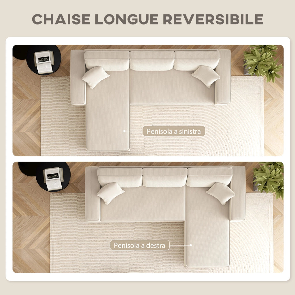 Divano Angolare 3 Posti in Velluto ¨C Minimal ¨C Bianco Crema 241x153x83