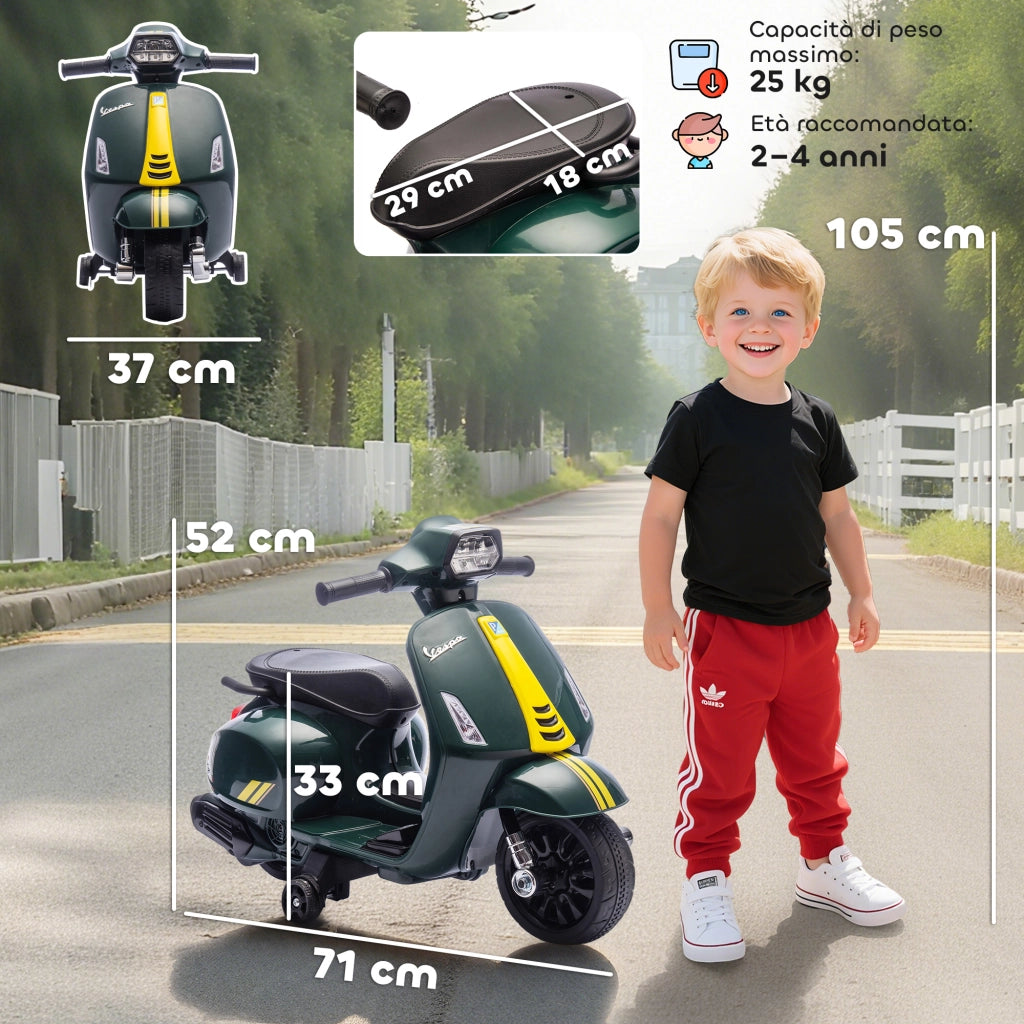 Moto Elettrica Vespa con Licenza ¨C Xylo ¨C Batteria 6V, Luci LED, Verde Scuro, 2-4 Anni