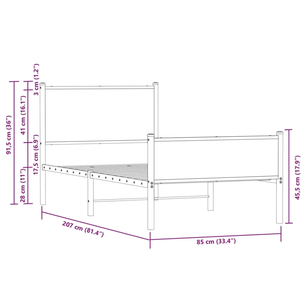 Letto singolo | Letto per adulti | Giroletto senza Materasso in Metallo Rovere Marrone 80x200 cm