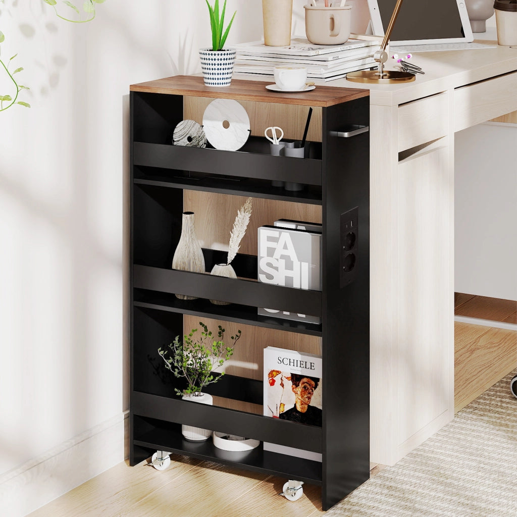 Carrello da cucina 4 ripiani con stazione di ricarica maniglia e parapetti-Scaffale stretto a sfilo con ruote bloccabili per cucina  Nero e noce 20cm