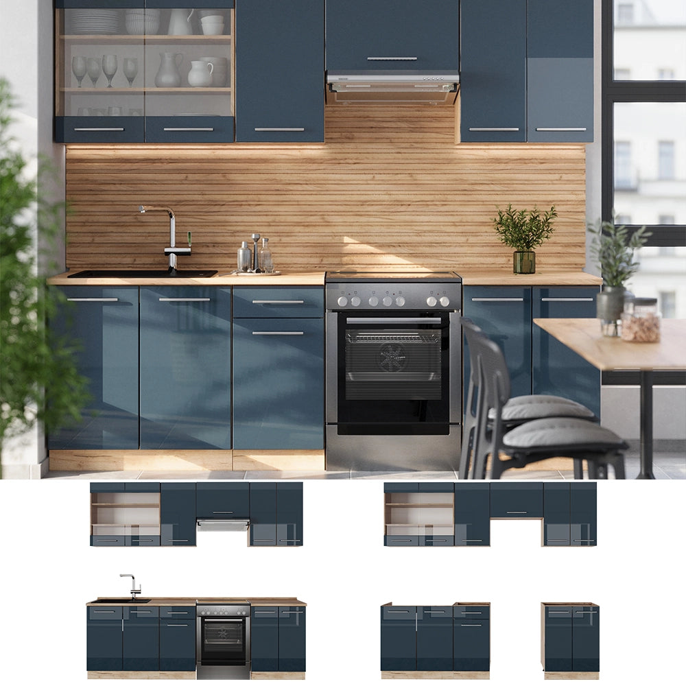 Cucina componibile Fame-Line Blu scuro lucido/Rovere dorato 240 cm, PL Marmo Vicco