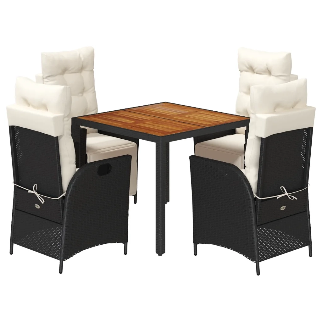 Set da Pranzo da Giardino 5 pz Nero con Cuscini in Polyrattan