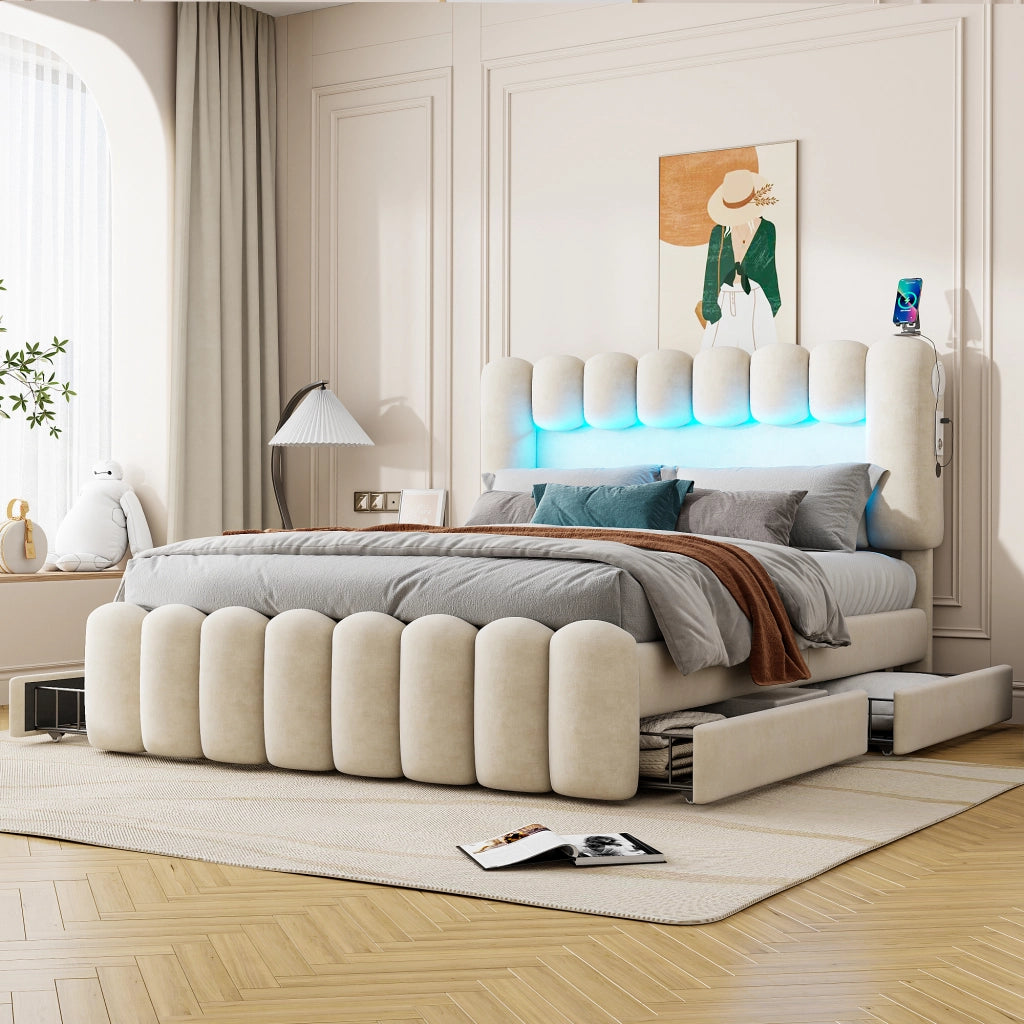 Letto Imbottito con Cassetti e LED ¨C MINIMAL ¨C Velluto Beige 160x200