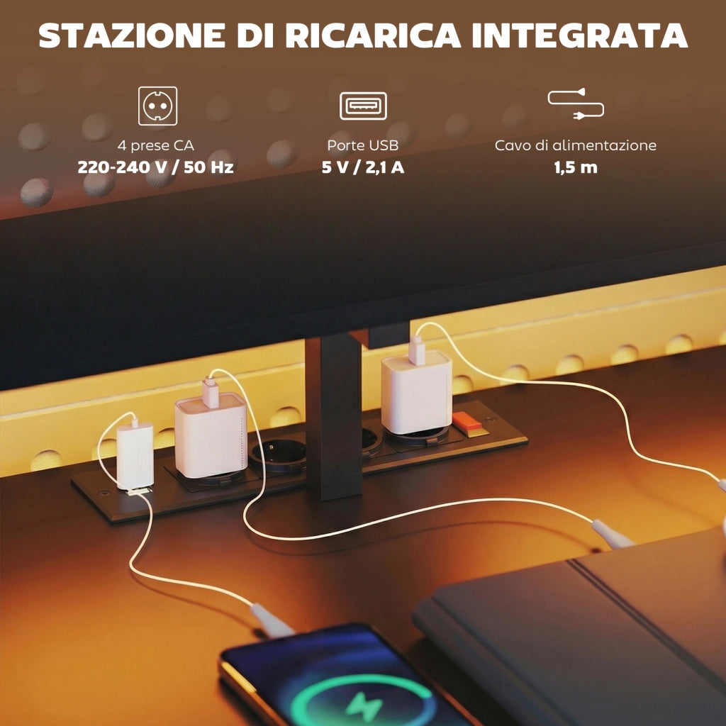 Scrivania Gaming Angolare con Hub di Ricarica, Luci LED e Supporto Monitor, in Legno e Acciaio, 192.5x80x86.5 cm, Nero