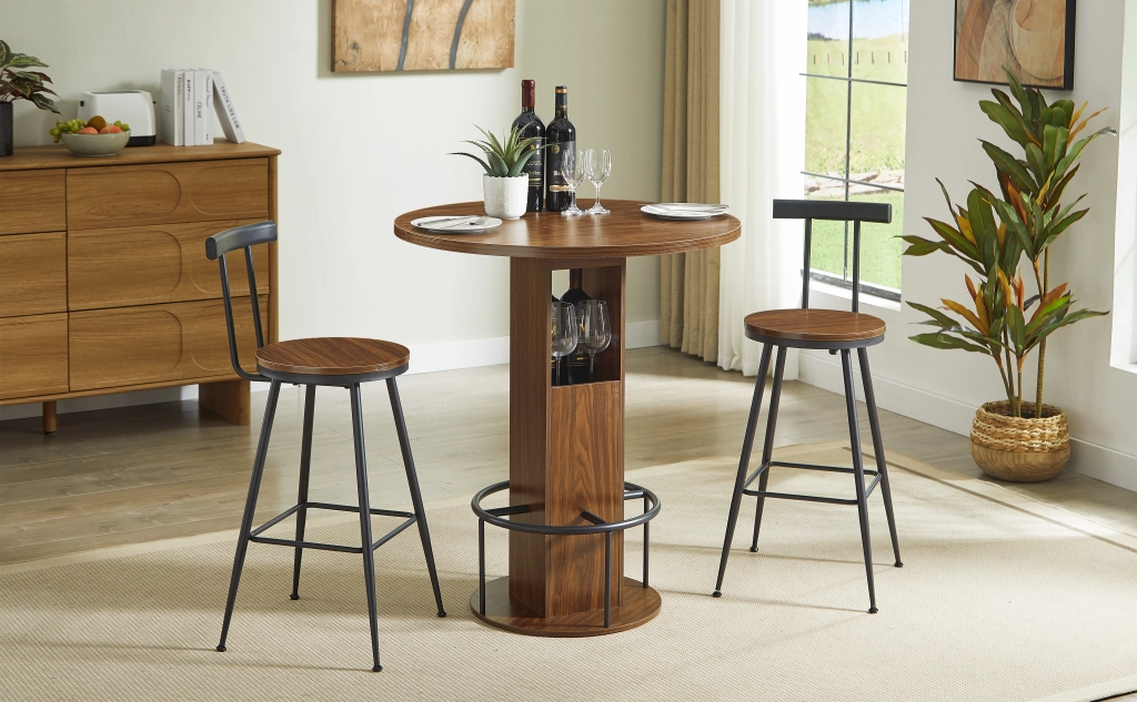 Set Tavolo Rotondo e 2 Sgabelli ¨C MINIMAL ¨C Noce, Legno e Metallo, 80 cm