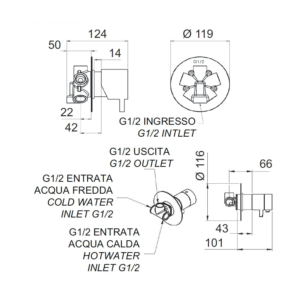 Rubinetto doccia con deviatore 5 posizioni, doppia piastra - serie minimal thermo