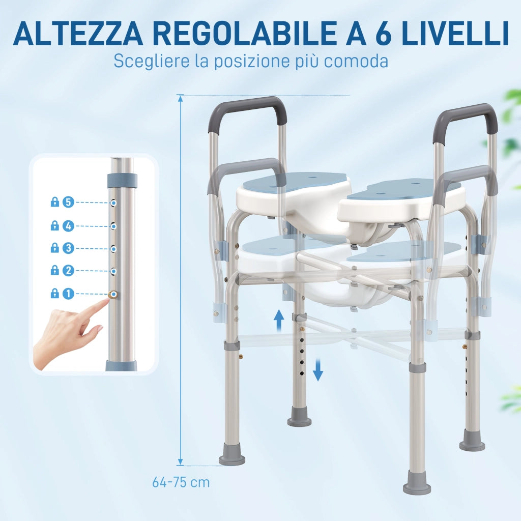 Sgabello da Doccia con Seduta Scanalata e Braccioli ¨C Minimal ¨C Altezza Regolabile, Azzurro