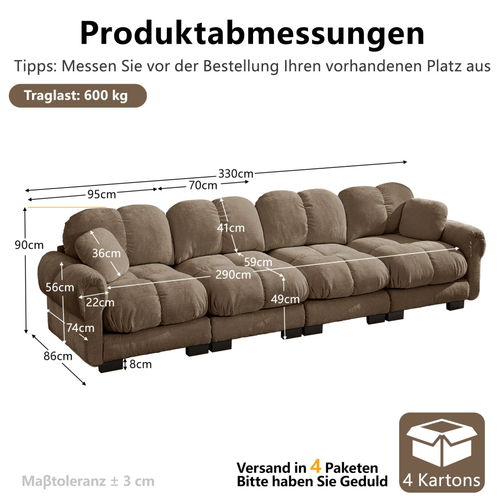 Divano modulare 3 posti con cuscini trapuntati e braccioli curvi, in ciniglia marrone 330 × 86 × 90 cm