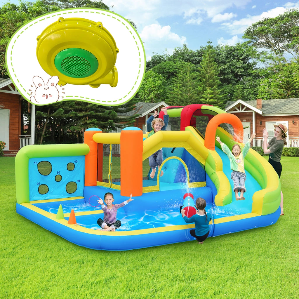 [Divertimento tutto l'anno] Castello gonfiabile con soffiatore, parco acquatico multifunzionale + parco trampolini per bambini, scivolo acquatico,
