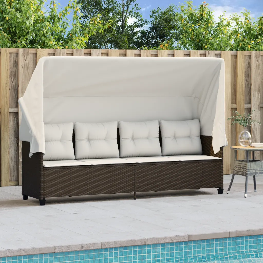 Lettino Prendisole con Baldacchino e Cuscini Marrone Polyrattan 368336