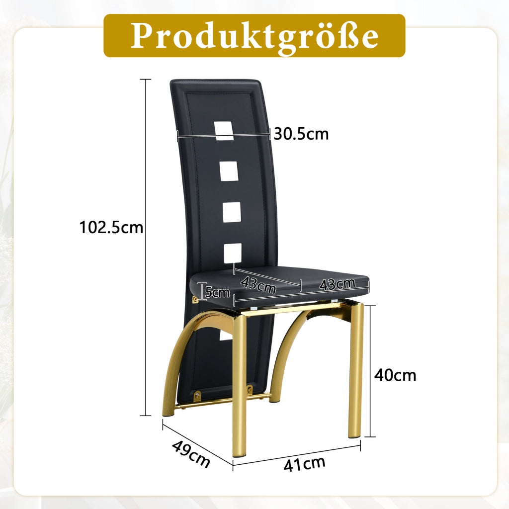 Sedia da Pranzo Set da 2 con Schienale Ajouré e Gambe in Metallo, PU Nero e Oro
