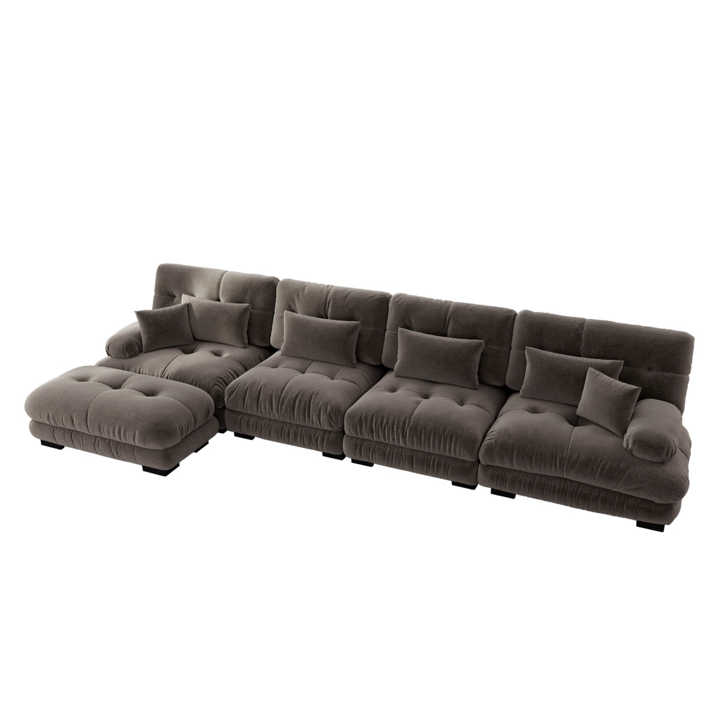 Divano Angolare Modulare 4 Posti ¨C MINIMAL ¨C Chenille, Marrone, con Poggiapiedi
