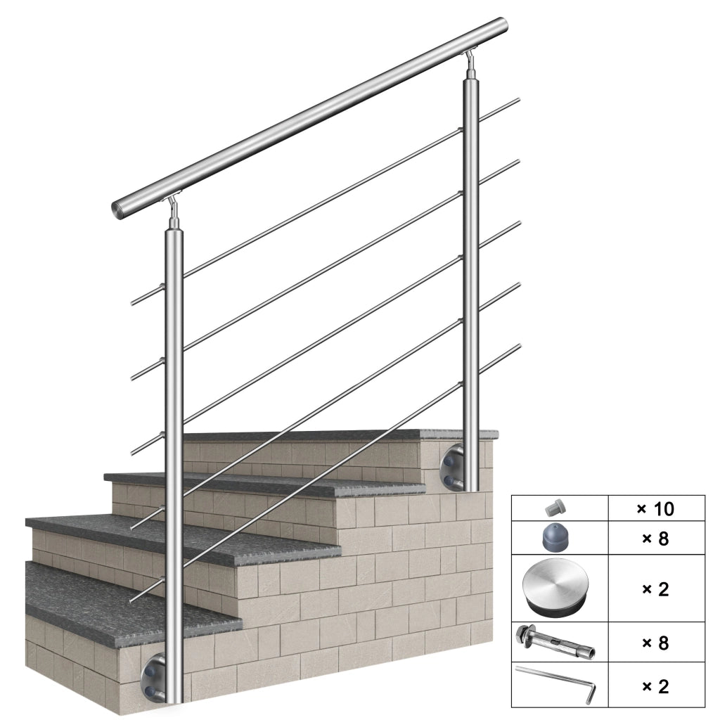 Ringhiera Balaustra Corrimano in acciaio inox 304 spazzolato per scale 120 cm, 5 barre trasversali, fissaggio laterale, per interni ed esterni