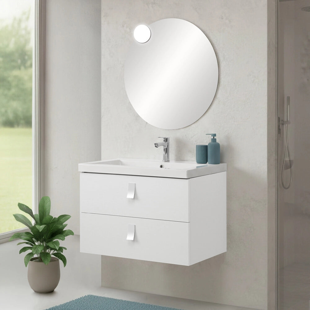 Mobile bagno sospeso 80 cm in bianco frassino con lavabo e specchio tondo Bravo