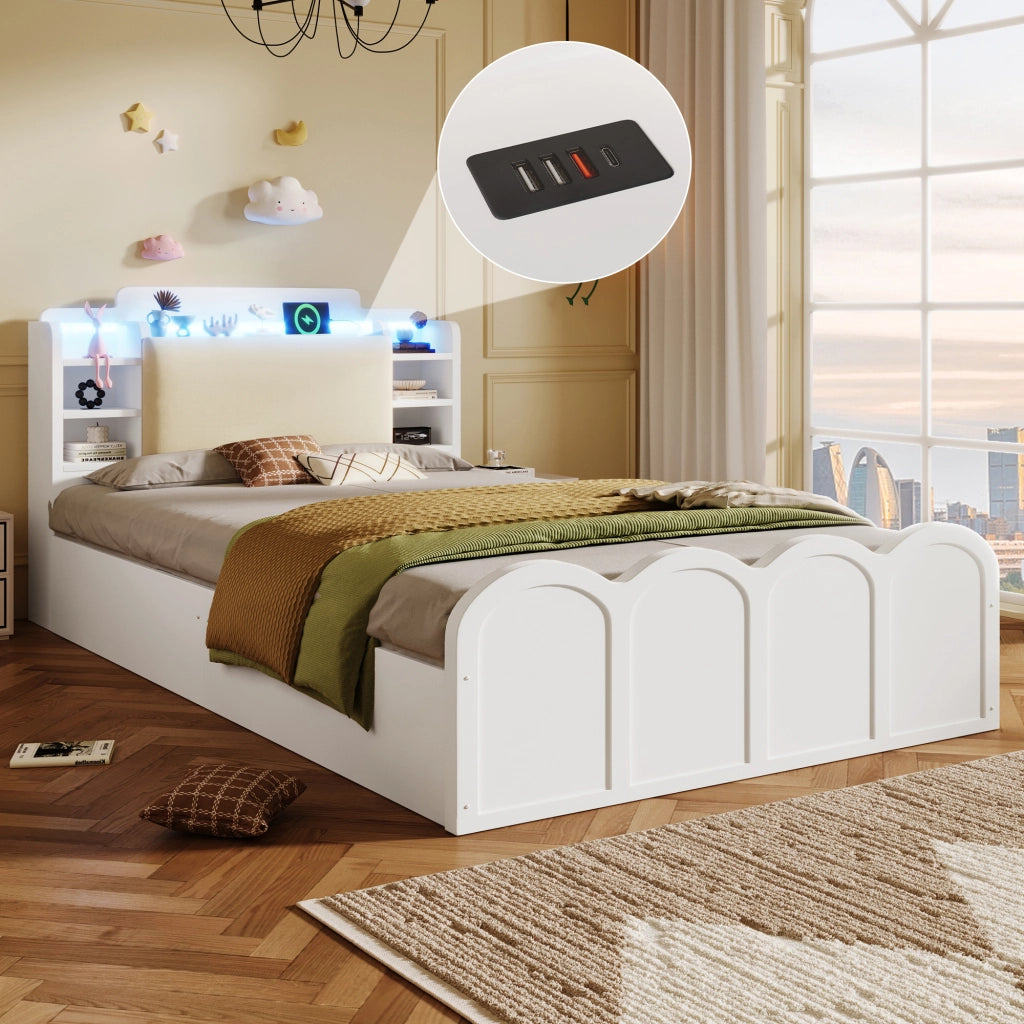 Letto a pannello - Zephmum - 90x200 cm - Bianco - Idraulico, USB-C, LED, comando a pressione/app