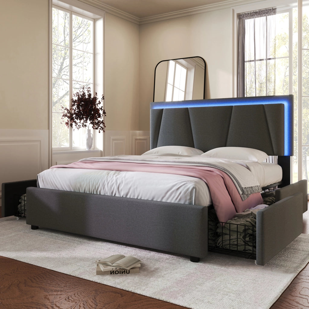 Letto Imbottito con LED e Cassetti ¨C MINIMAL ¨C Grigio, Testiera Regolabile, 140x200