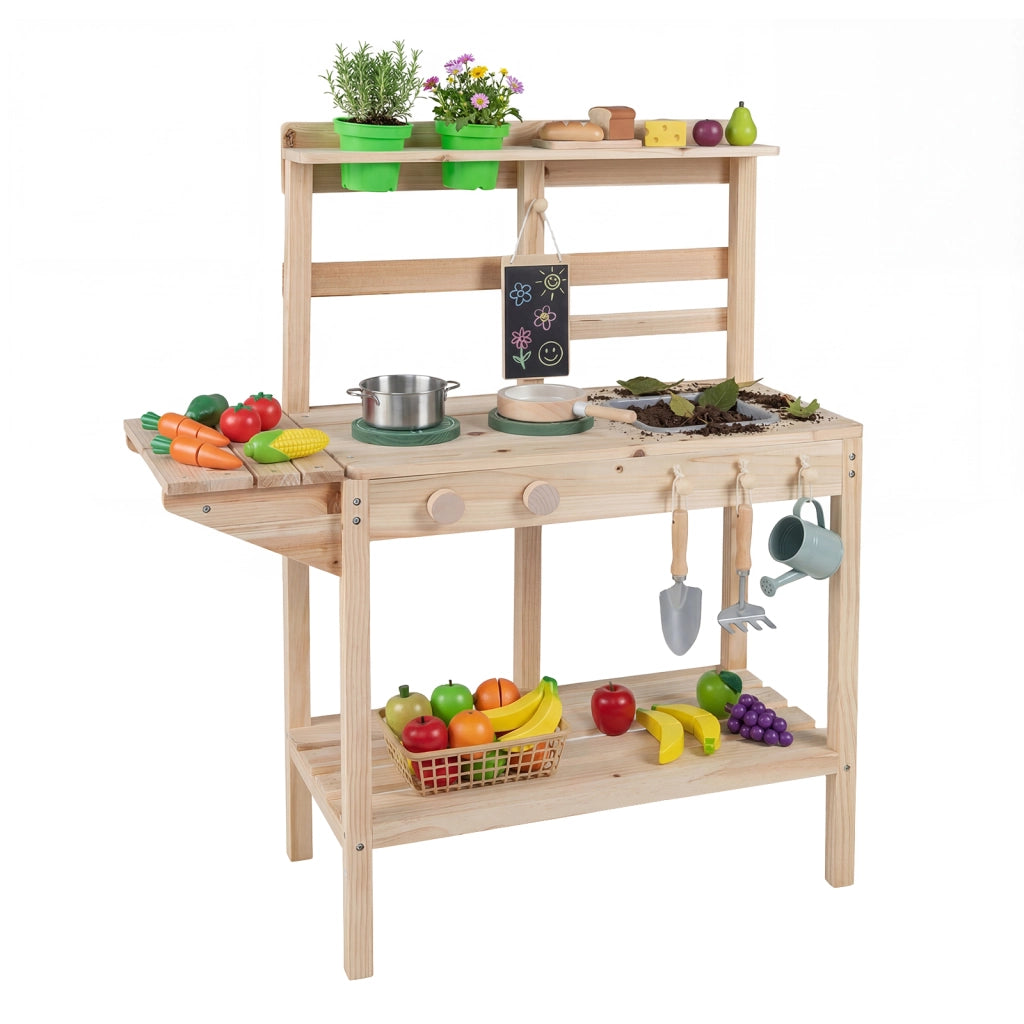 Set da cucina giocattolo per bambini legno fornelli lavello manopole rotanti-Cucina gioco da chef lavagna vasi fiori scaffali 3+ anni