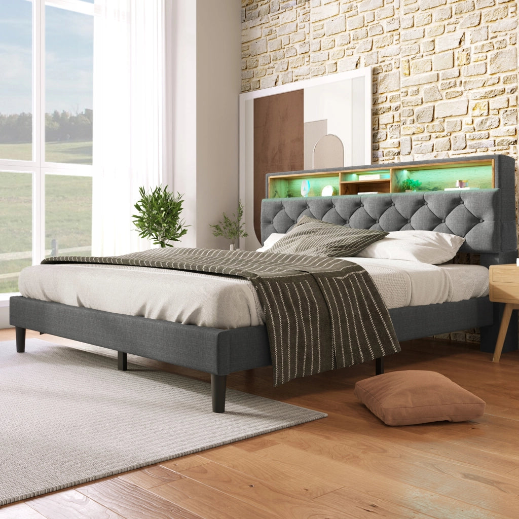 Letto imbottito 140x200 grigio con LED (con materasso) - Xylo