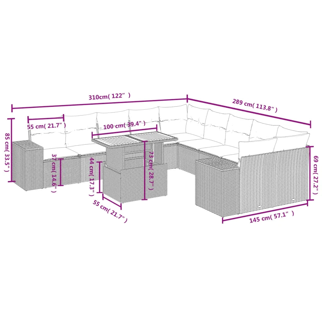 Set Divani da Giardino 11 pz con Cuscini in Polyrattan Nero