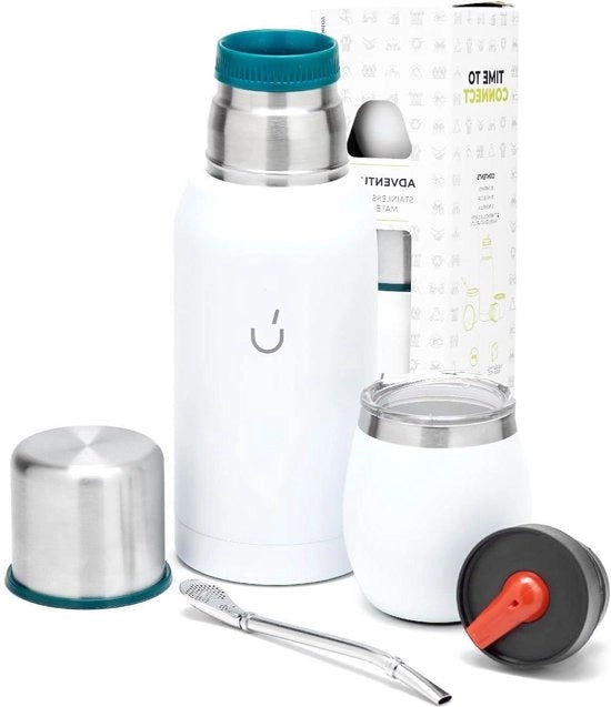 Set di Yerba Mate da 6 pezzi - Tazza di Mate argentata - Inclusa bombilla e termos - Stopper per Mate - Tazza di Yerba Mate bianca