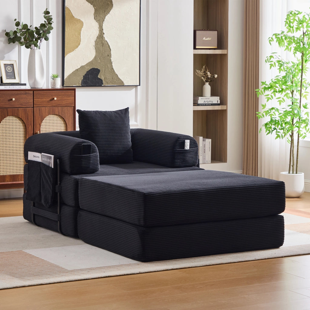 Divano modulare con tasca laterale e cuscino, seduta ergonomica in velluto a coste Nero