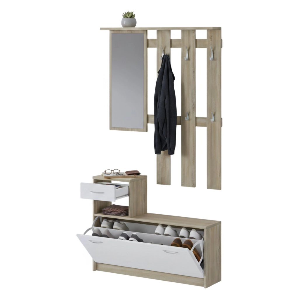 Mobile da ingresso Dazio, Entratina moderna con specchiera, Mobile con scarpiera, Mobile svuotatasche, Cm 100x25h181, Bianco e Rovere