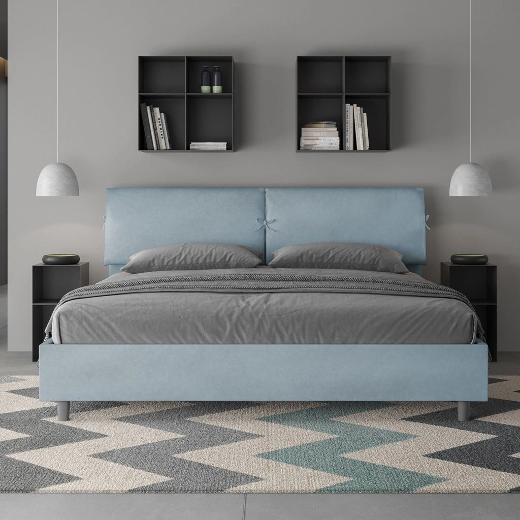 BS COM Letto matrimoniale king size senza rete imbottito 180x200 microfibra azzurro