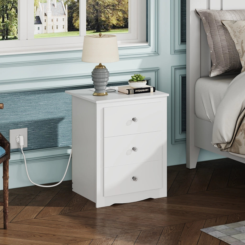 Comodino 3 Cassetti con Prese USB ¨C Zephmum ¨C Bianco 40x40x50 cm