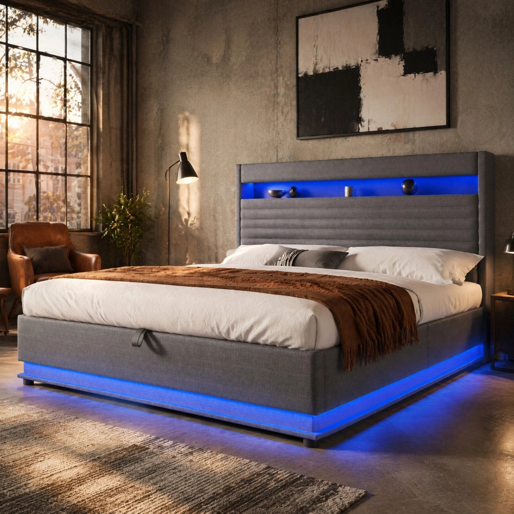 LETTO imbottito 180x200 cm in lino grigio con USB Type-C e LED, senza materasso