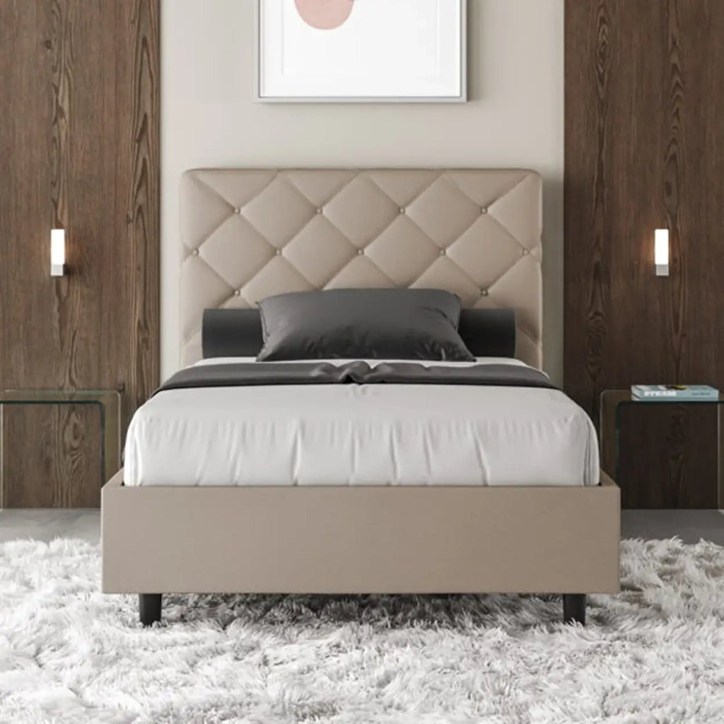 Letto singolo con rete imbottito 100x210 similpelle tortora Priya
