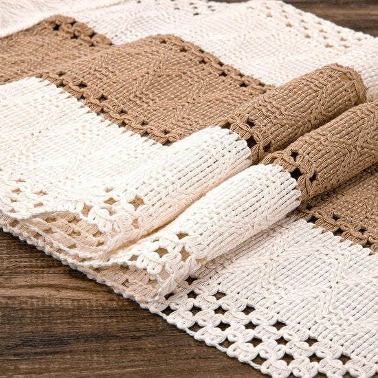 Tavolo Vintage in Beige/Taupe - Macramé con Bottone - Decorazione Boho - 30 x 126 cm - Tovaglia in Cotone/Seta Durevole