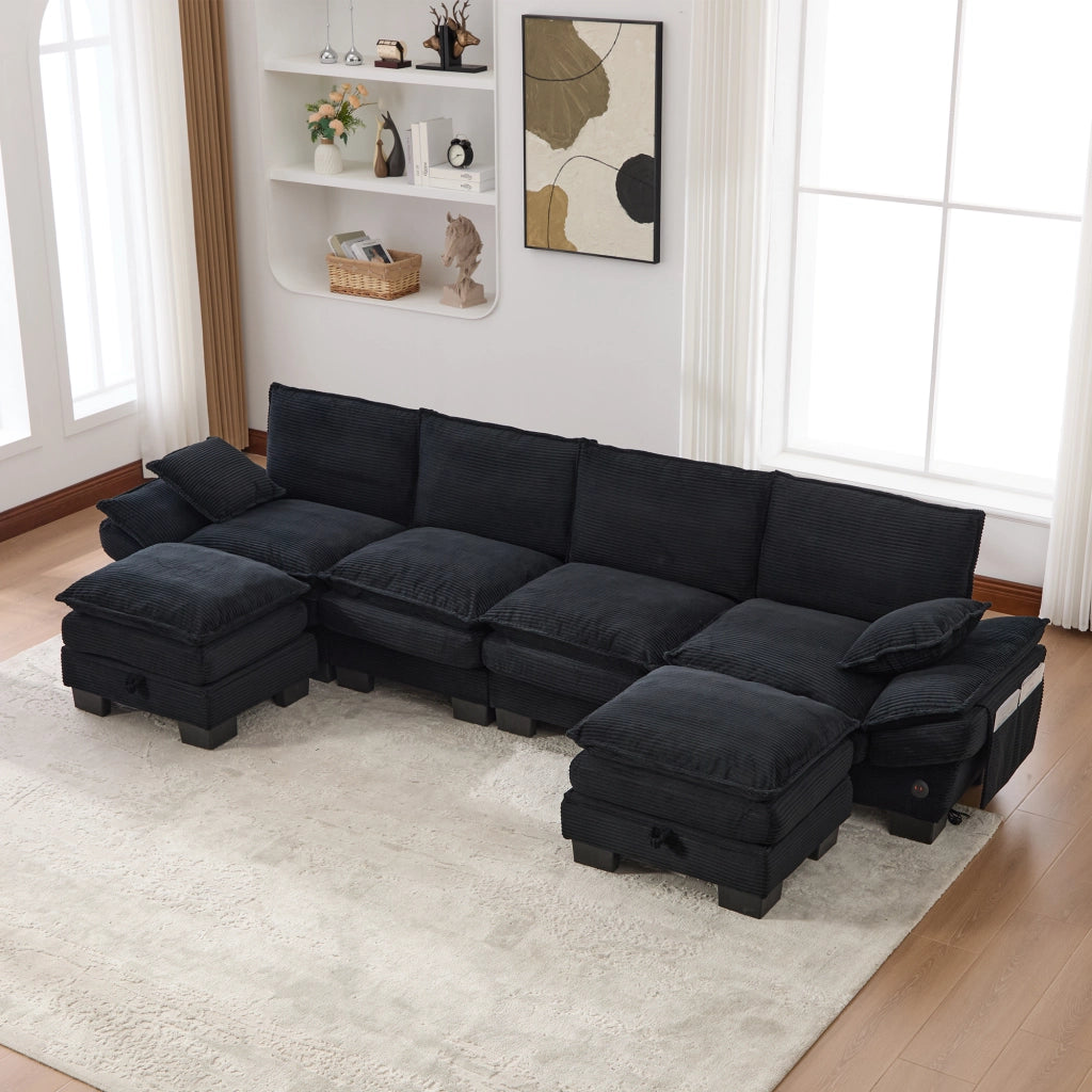 Divano 4 Posti con 2 Poggiapiedi in Tessuto a Coste ¨C MINIMAL ¨C Nero, Braccioli, Cuscini
