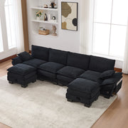 Divano 4 Posti con 2 Poggiapiedi in Tessuto a Coste ¨C MINIMAL ¨C Nero, Braccioli, Cuscini