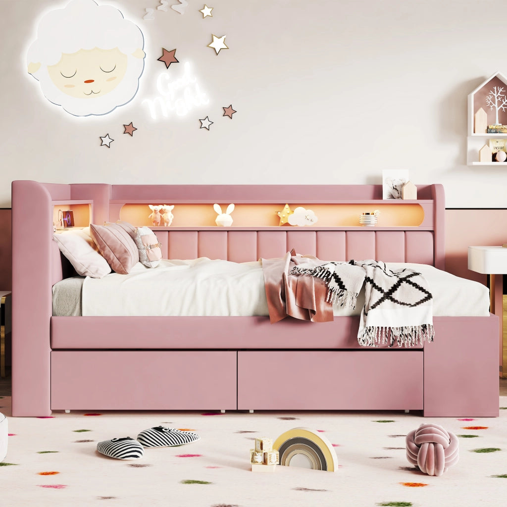 LETTO Poltrona 90x200 cm Rosa con USB, LED e 2 Cassetti