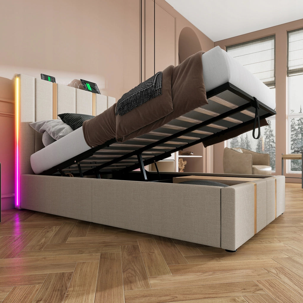 Letto imbottito 90x200 - Xylo - Beige, USB-C e LED