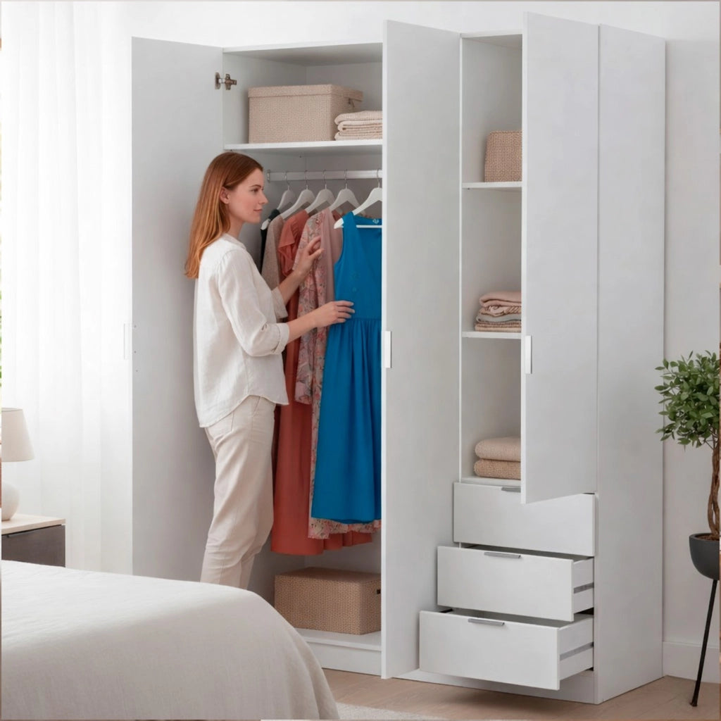 Armadio Guardaroba Con 3 Ante Battenti 4 Ripiani E 3 Cassetti Barra Appendiabiti Salvaspazio Per Stanza Matrimoniale Design Moderno 200 x 52 x 135 Cm Colore Bianco