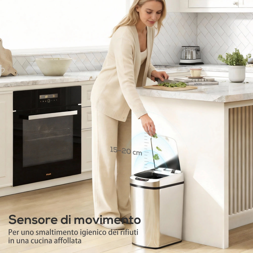 Pattumiera Cestino per Rifiuti 28x22x41 cm Contenitore Rimuovibile da 12L Apertura a Infrarossi in Acciaio Inox ABS e PP