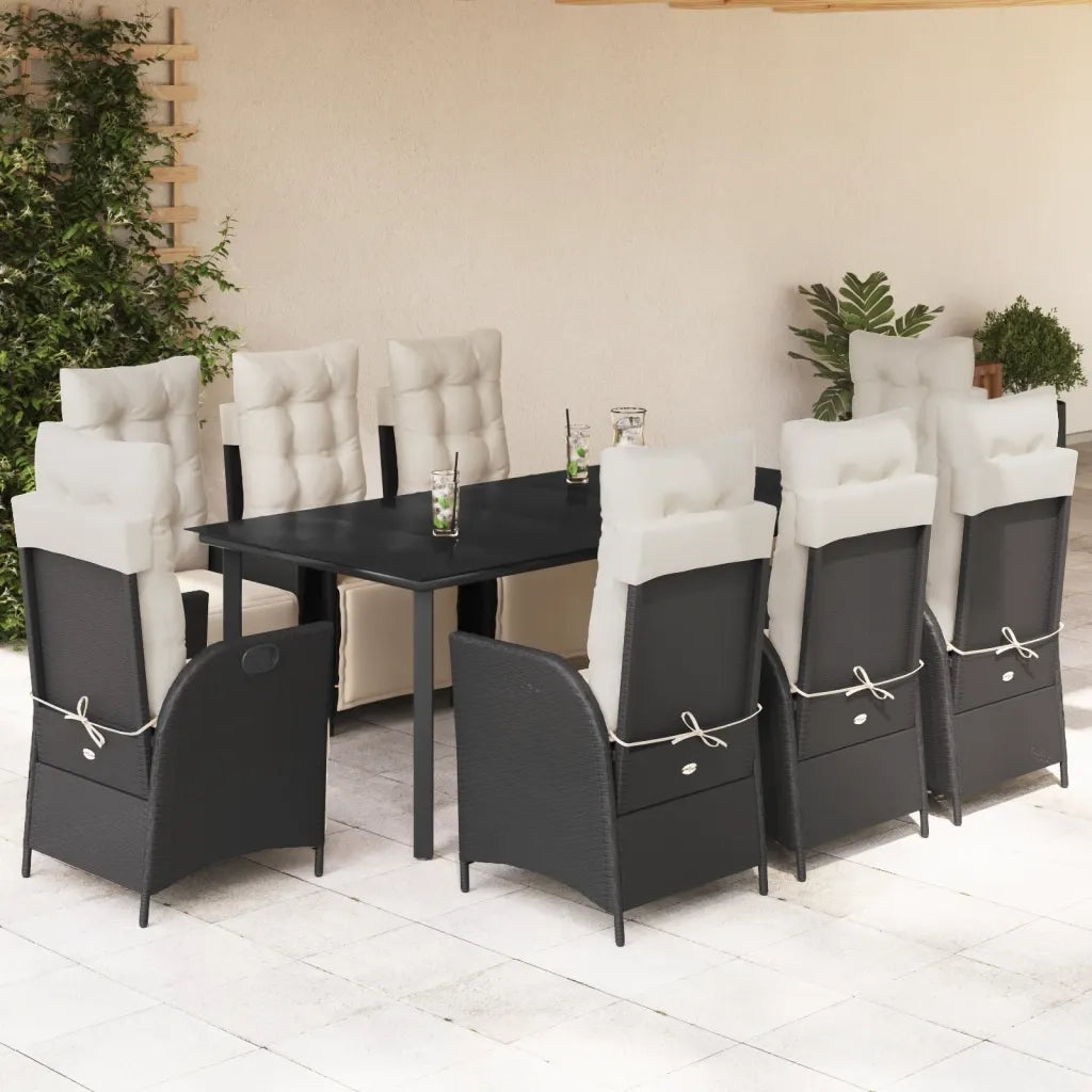 Set da Pranzo da Giardino 9 pz con Cuscini Nero in Polyrattan
