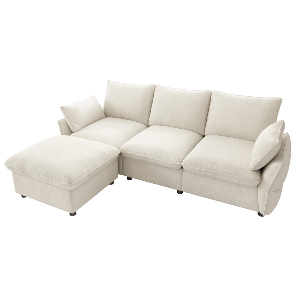 Divano angolare 3 posti - con pouf e 2 cuscini - per soggiorno e casa - in chenille beige