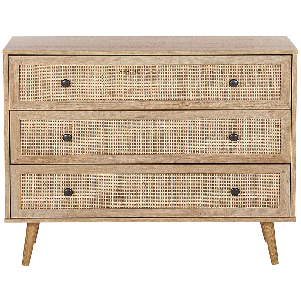 Credenza Moderna a 3 Cassetti con Fronte in Vimini 90 x 79 cm legno Chiaro
