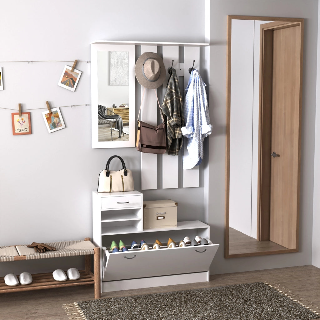 Mobile ingresso con appendiabiti specchio e panchina ¨C Zephmum ¨C Bianco