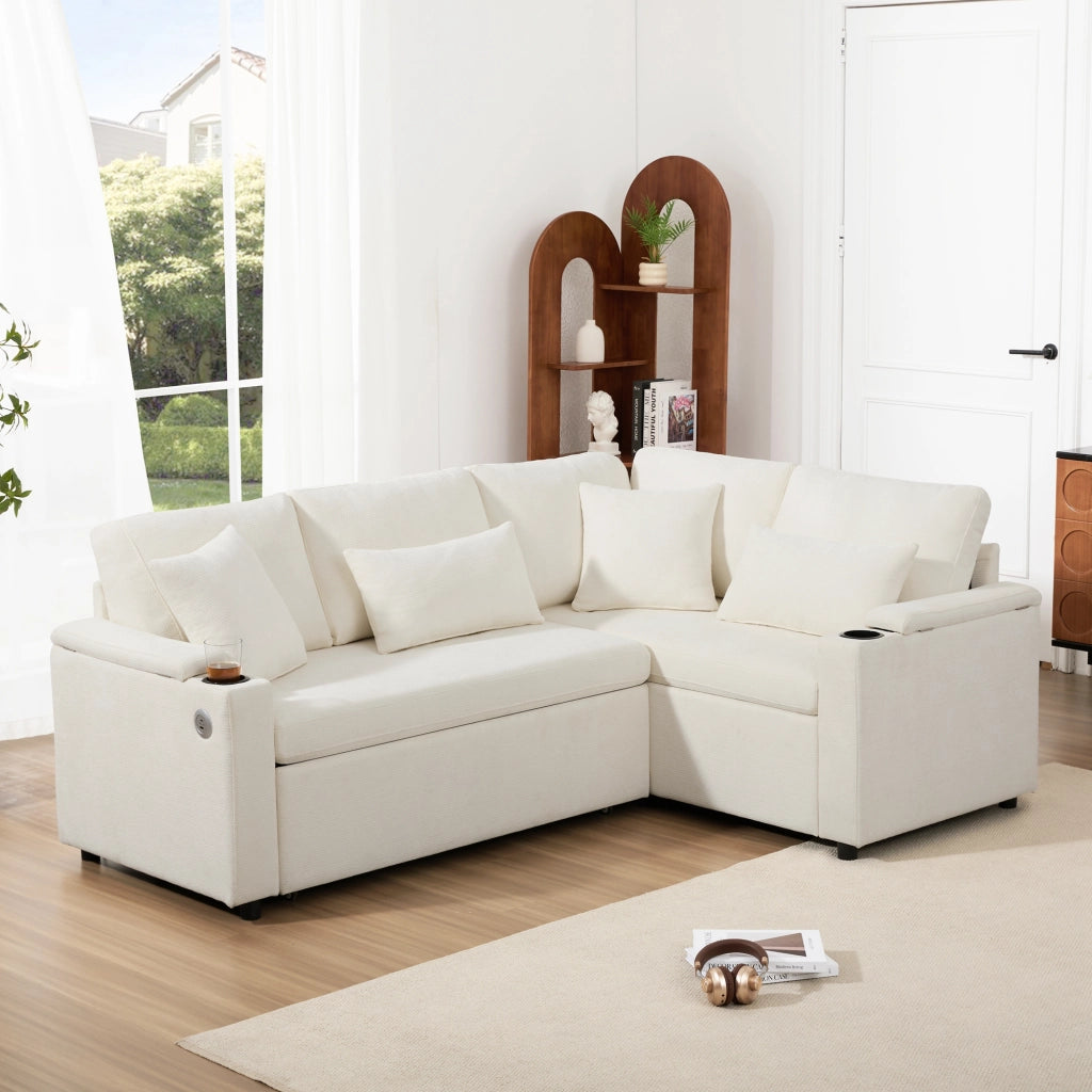 Divano angolare convertibile con contenitore portabicchieri USB e 4 cuscini in chenille beige 206,5 × 141 × 86 cm