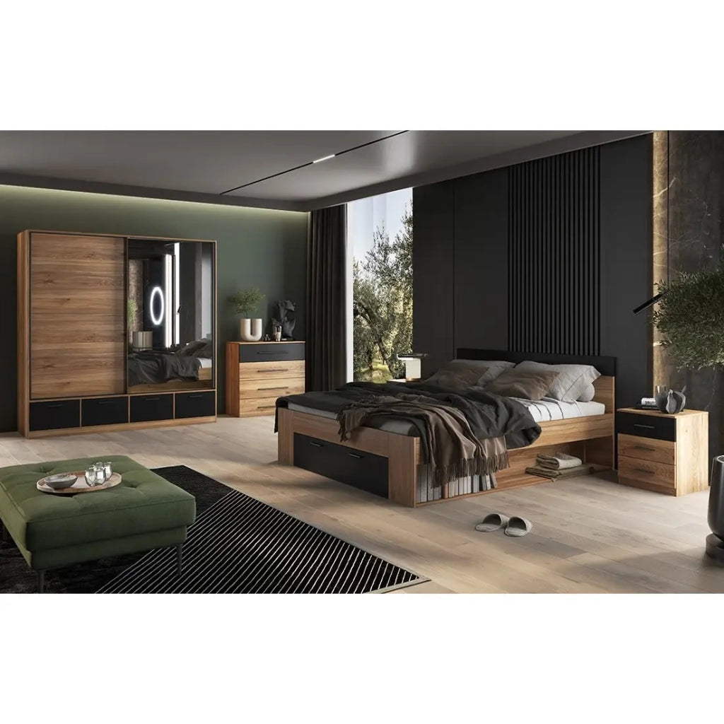 Letto matrimoniale 160x200 con cassetti integrati, rete inclusa, collezione EOS, rovere chiaro e nero
